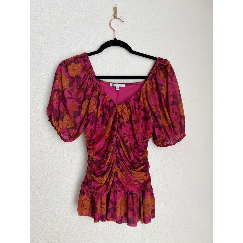 DR2 Daniel Rainn Magenta Floral Ruched Mesh Peplum Top Puff‎ Sleeve Sz S